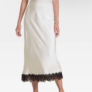 White & Black Midi Slip Midi Skirt with Black Lace Hem